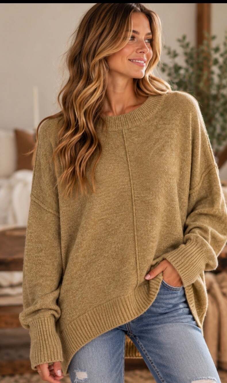 Vince Camuto Oversized Camel Tan Knit Sweater Medium Cozy Boho